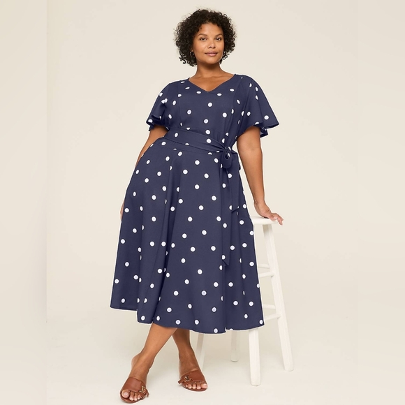 Lane Bryant Dresses & Skirts - Lane Bryant Navy Polka Dot Lena V Neck Level Hem Midi Dress Womens Plus Size 24